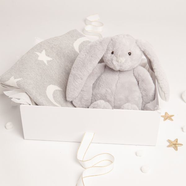 Babbico Grey Bunny Toy And Moon & Star Blanket Baby Gift Set GOODS Superdrug   