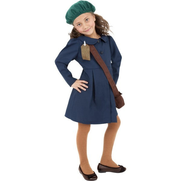 Smiffys WWII evacuee girl costume blue dress hat bag, imported from the UK