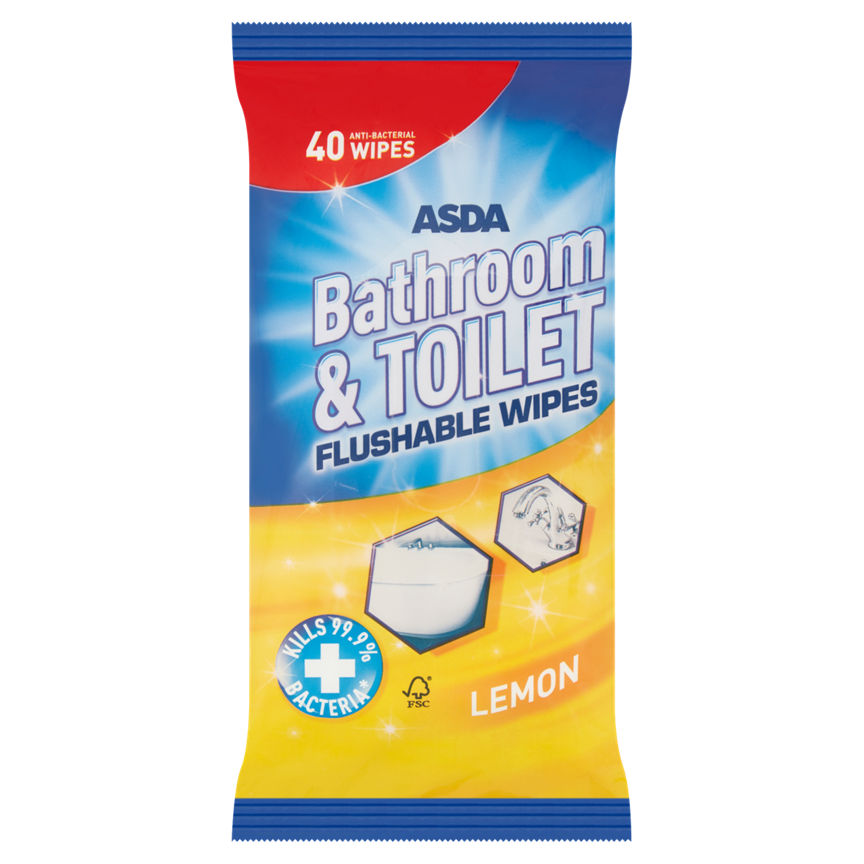 ASDA 40 Antibacterial Bathroom & Toilet Flushable Wipes Accessories & Cleaning ASDA   