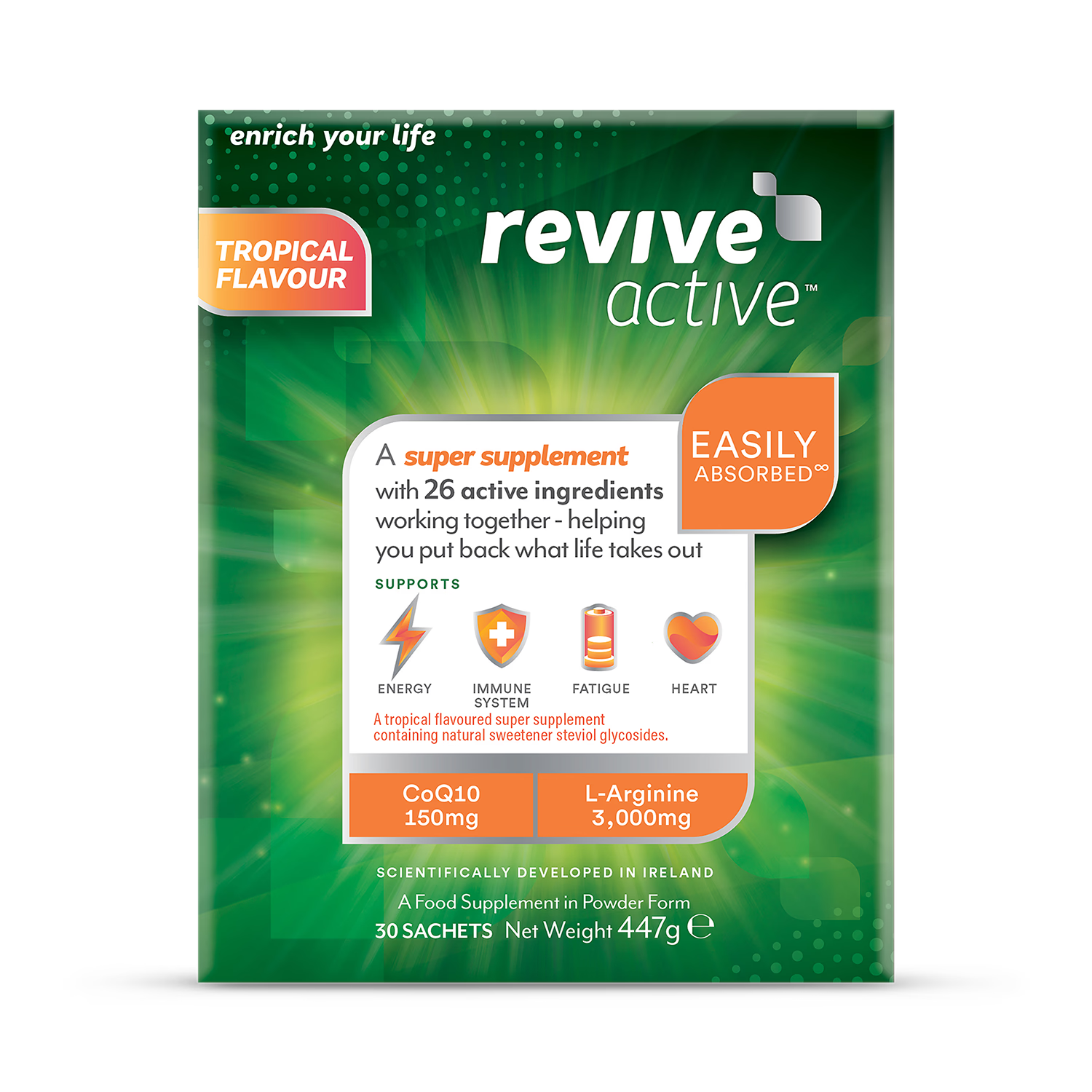 Revive Active super supplement Tropical 30 sachets, imported from the UK