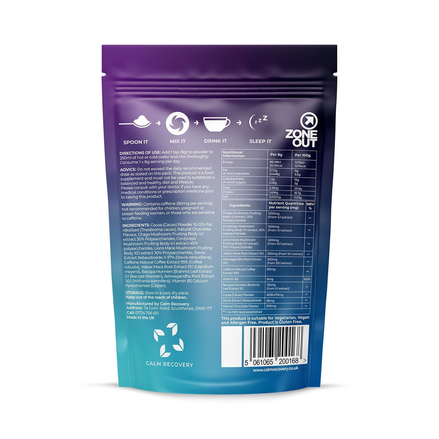 Calm Recovery mushroom hot chocolate blend 240g - British product