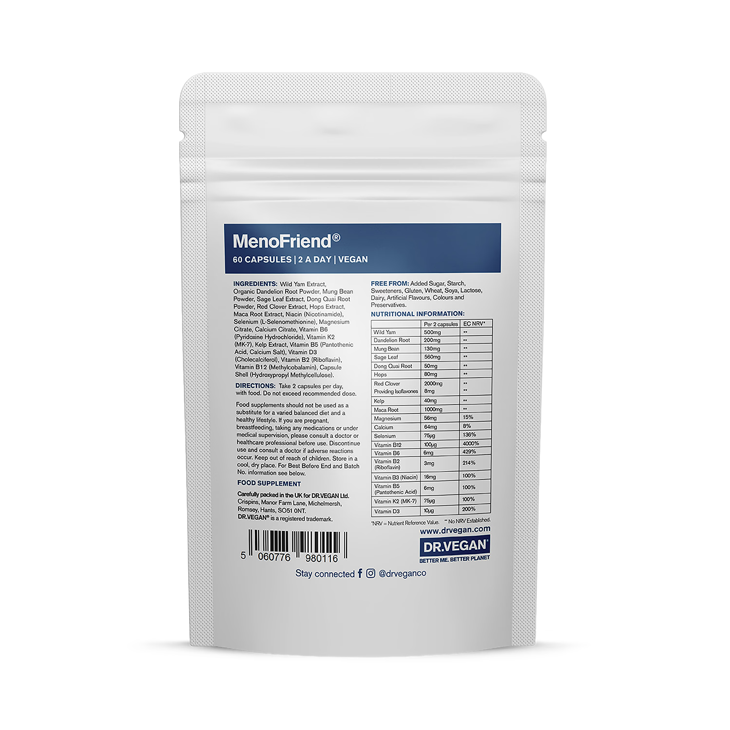 Dr VEGAN MenoFriend menopause supplement 60 capsules (British brand)