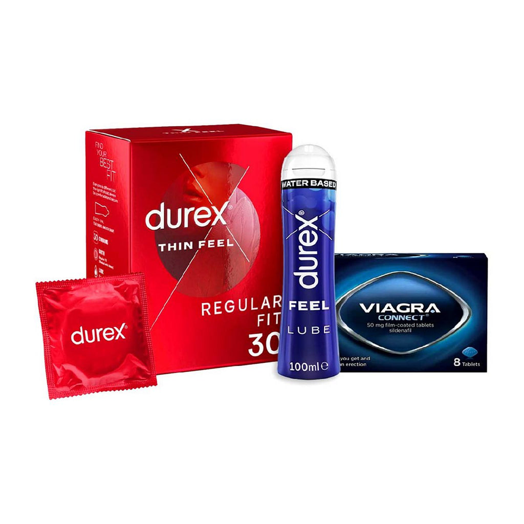 Viagra Connect 50mg film coated - 8 tablets with Durex Thin feel Condoms 30s & Lubricant Bundle