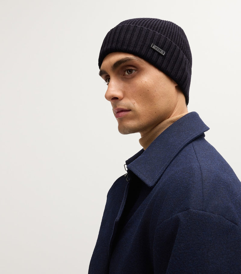 BOSS virgin wool beanie with logo badge, imported from the UK