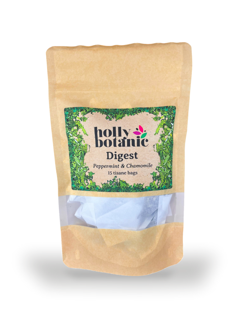 Holly Botanic Digest Tisane peppermint chamomile tea bags, imported from the UK