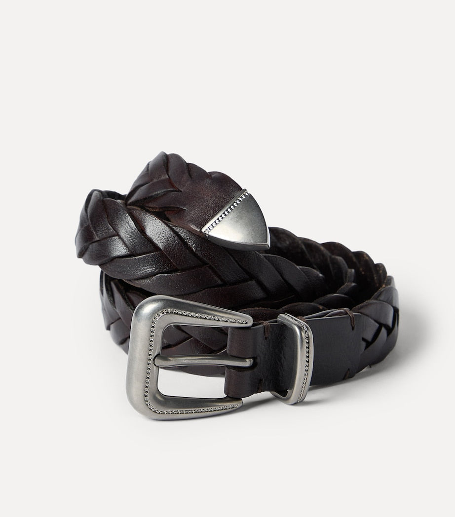 Brunello Cucinelli braided leather belt with monili buckle, UK version