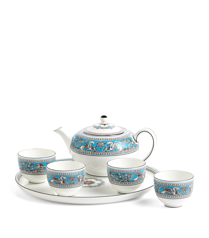 Wedgwood Florentine Turquoise bone china tea set with teapot and bowls (British brand)