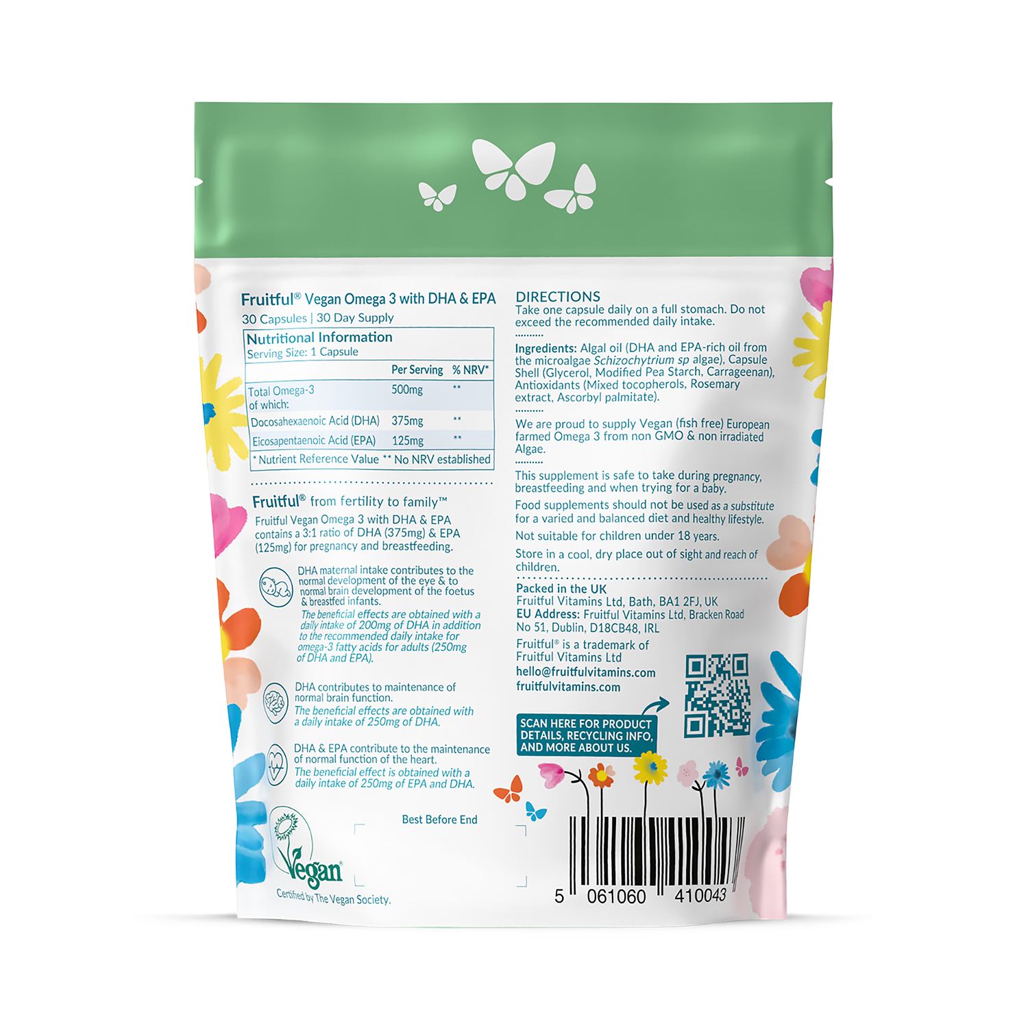 Fruitful Vegan Omega-3 DHA + EPA softgels 30 count, UK version