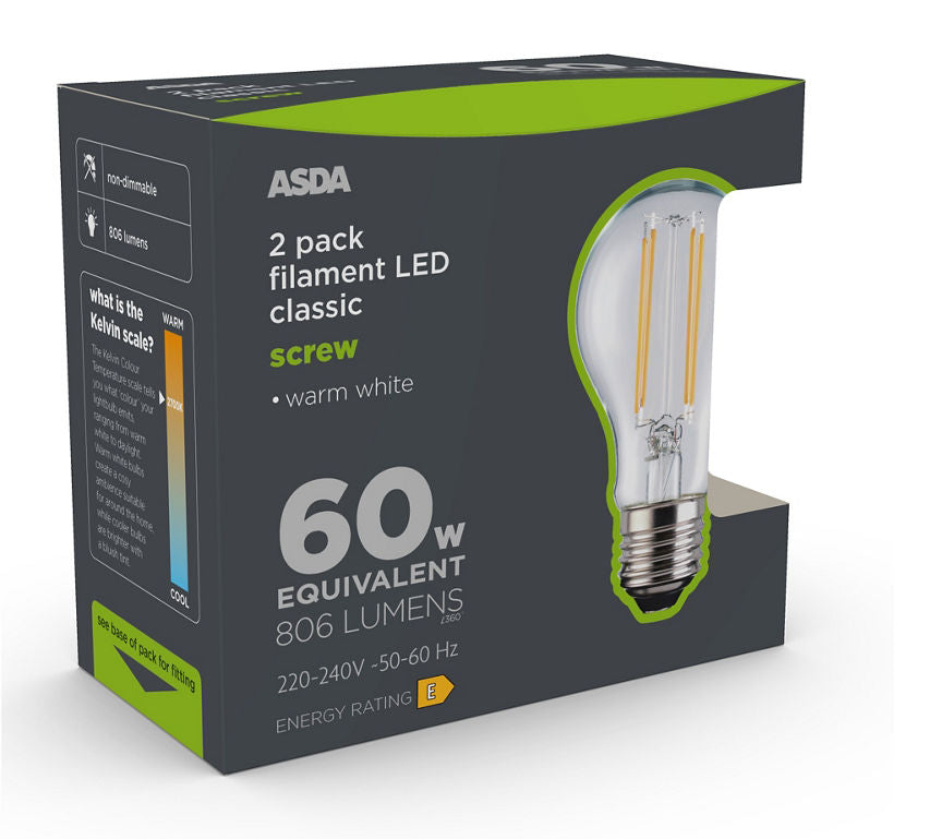 ASDA LED Filament Classic 60W Large Screw Clear Lightbulb General Household ASDA   