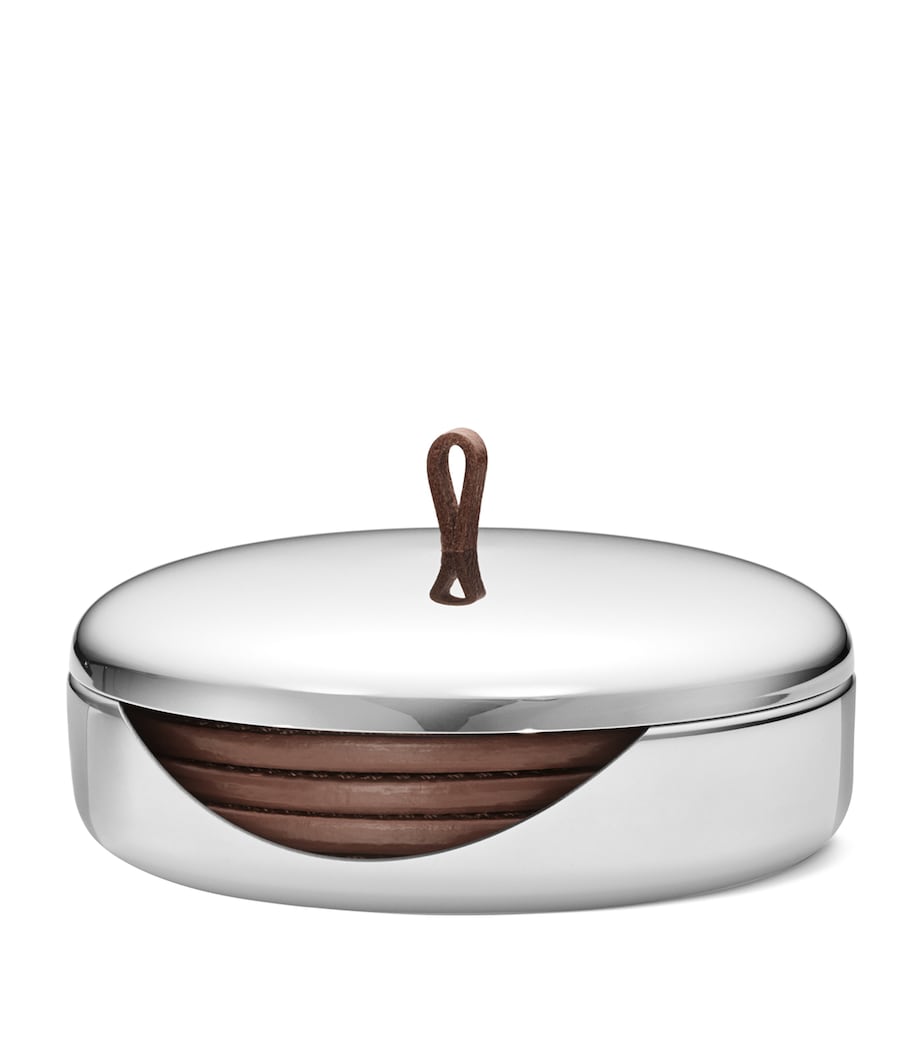 Georg Jensen leather coasters set of 4 in stainless steel box, UK version