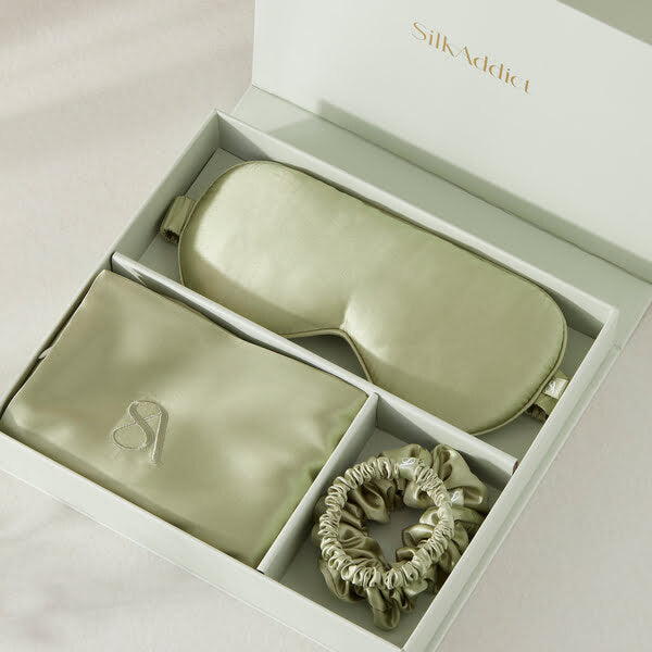 Silk Addict mulberry silk gift set in olive green, UK version