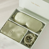 Silk Addict mulberry silk gift set in olive green, UK version