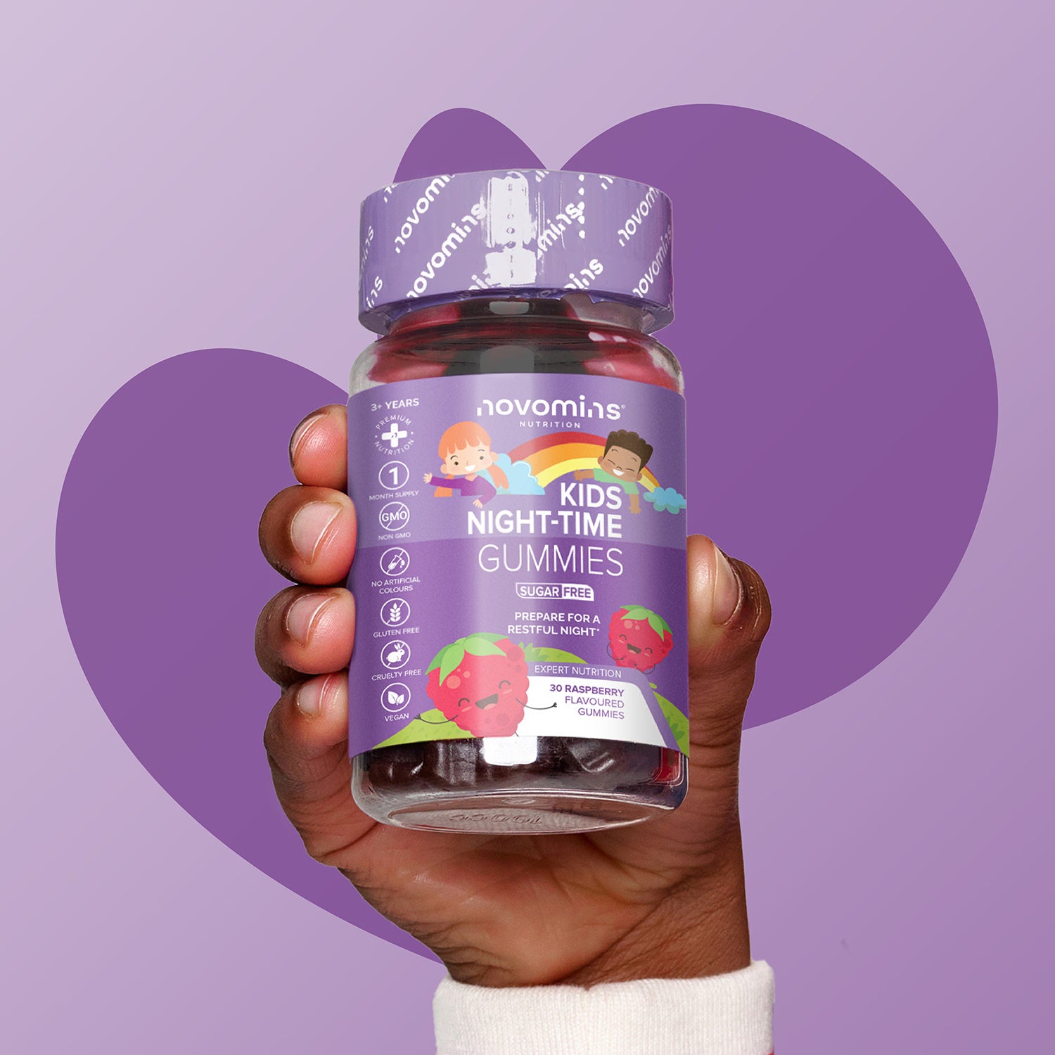 Novomins Night-Time Raspberry Gummies 30 Pack, imported from the UK
