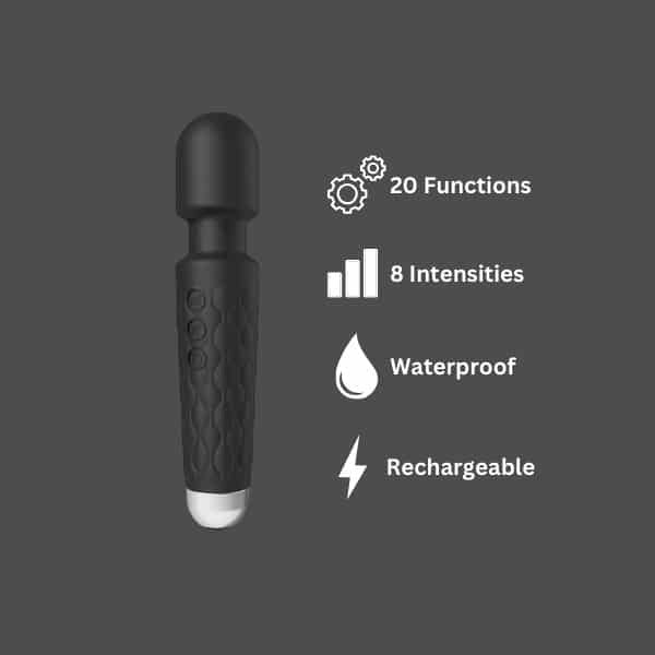 Loving Joy 20 Function Wand Vibrator Black, imported from the UK