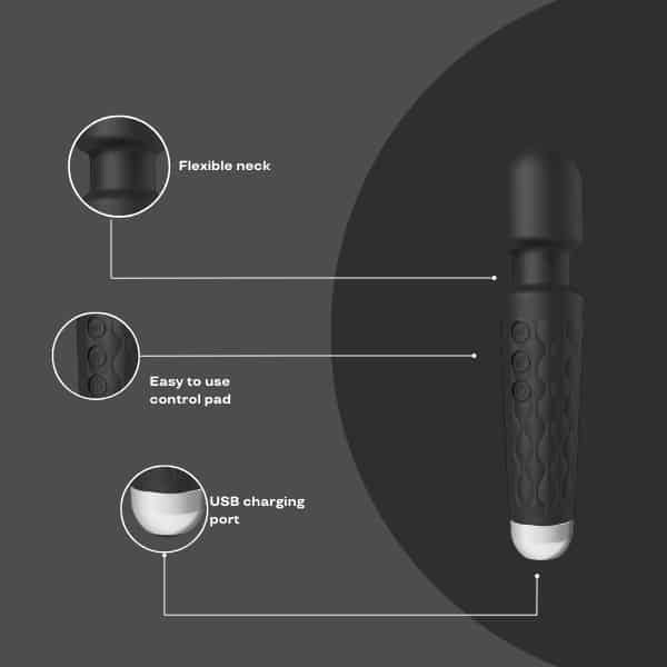 Loving Joy 20 Function Wand Vibrator Black, imported from the UK