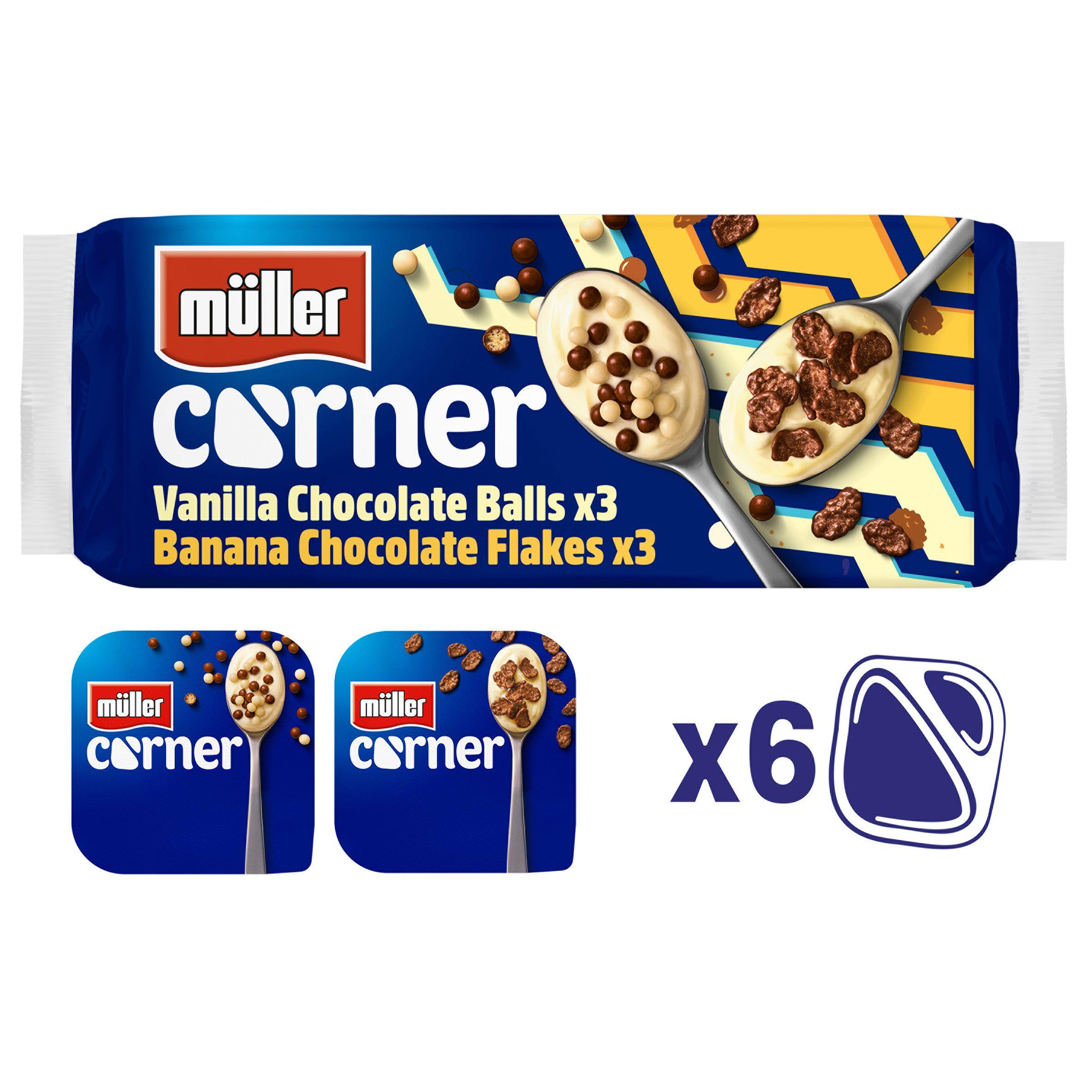 Müller Corner Vanilla Chocolate Balls & Banana Chocolate Flakes Yogurts 6x124g GOODS Sainsburys   