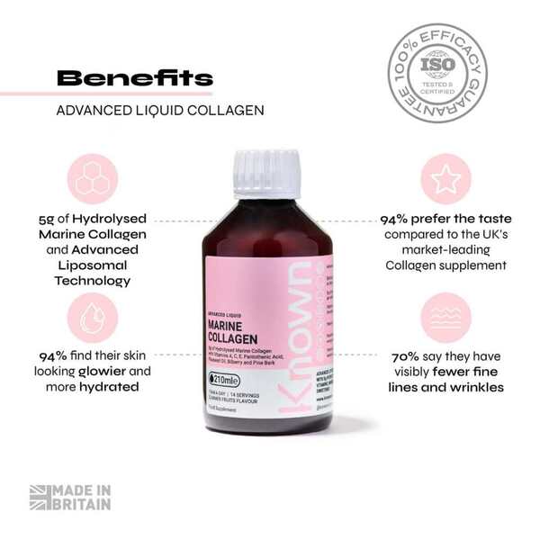 Known Nutrition marine collagen supplement summer fruit flavour 210ml, imported from the UK