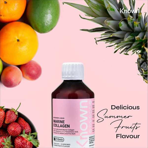 Known Nutrition marine collagen supplement summer fruit flavour 210ml, imported from the UK