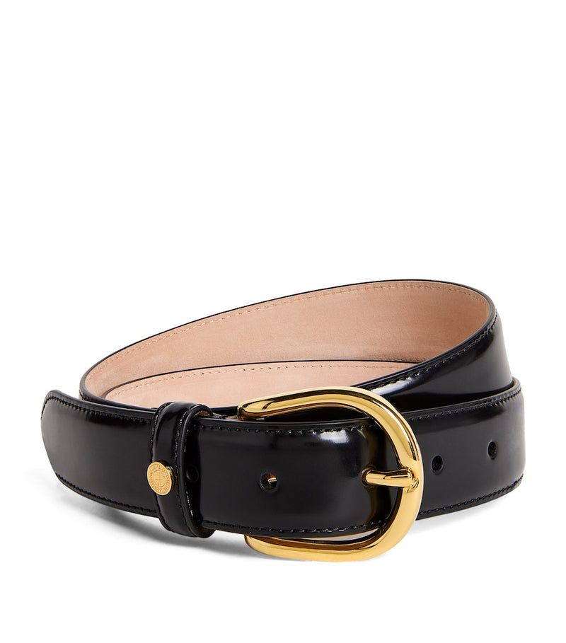 Harrods black leather belt with gold-tone H-branded stud (British brand)