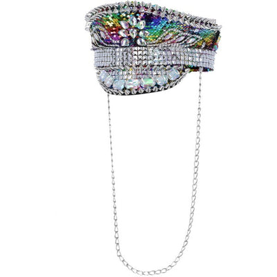 Superdrug Fever Deluxe Sequin Studded Captains Hat Rainbow with Chain- Buy online at McGrocer