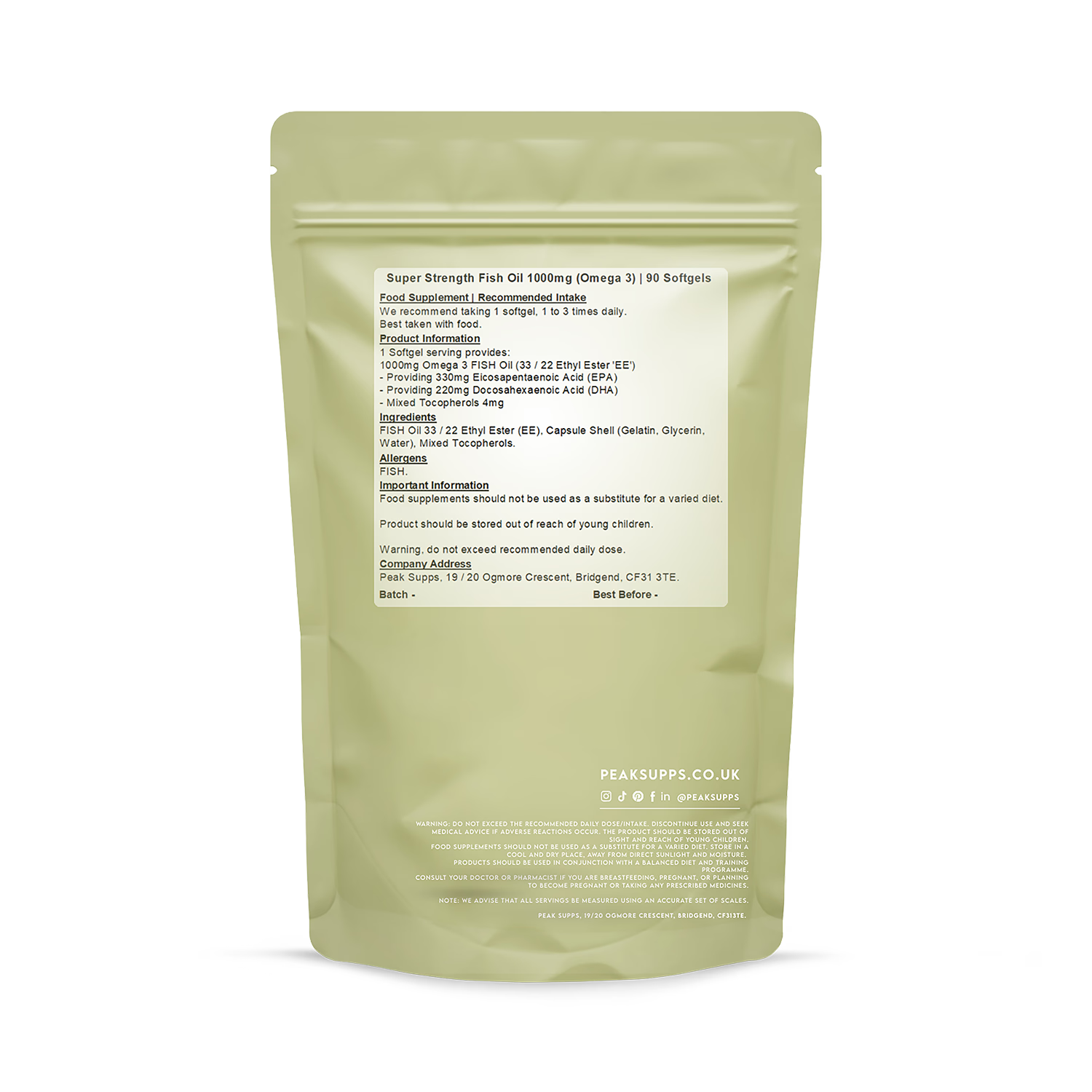 Peak Supps fish oil 1000mg 90 softgels, imported from the UK
