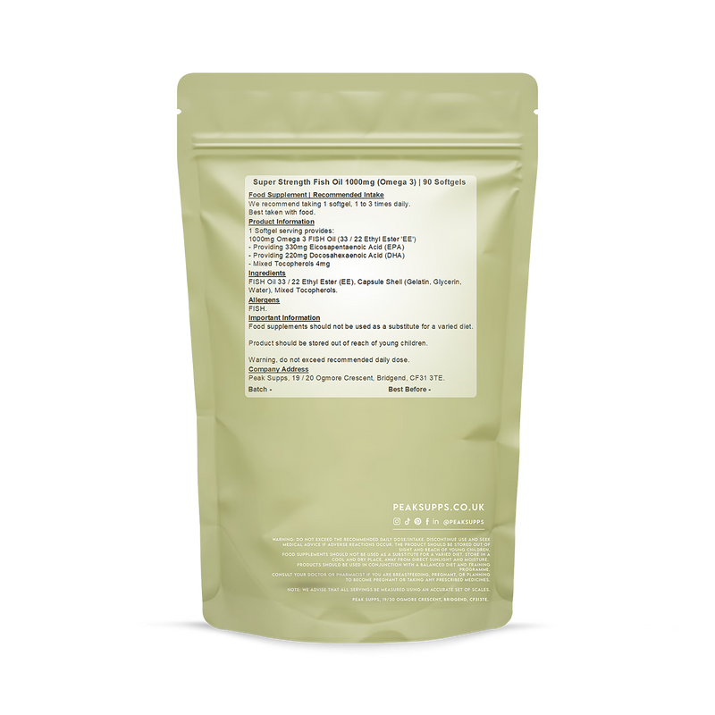 Peak Supps fish oil 1000mg 90 softgels, imported from the UK