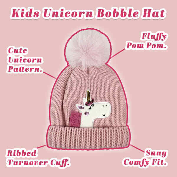 Sock Snob kids unicorn beanie hat with pom pom, UK version