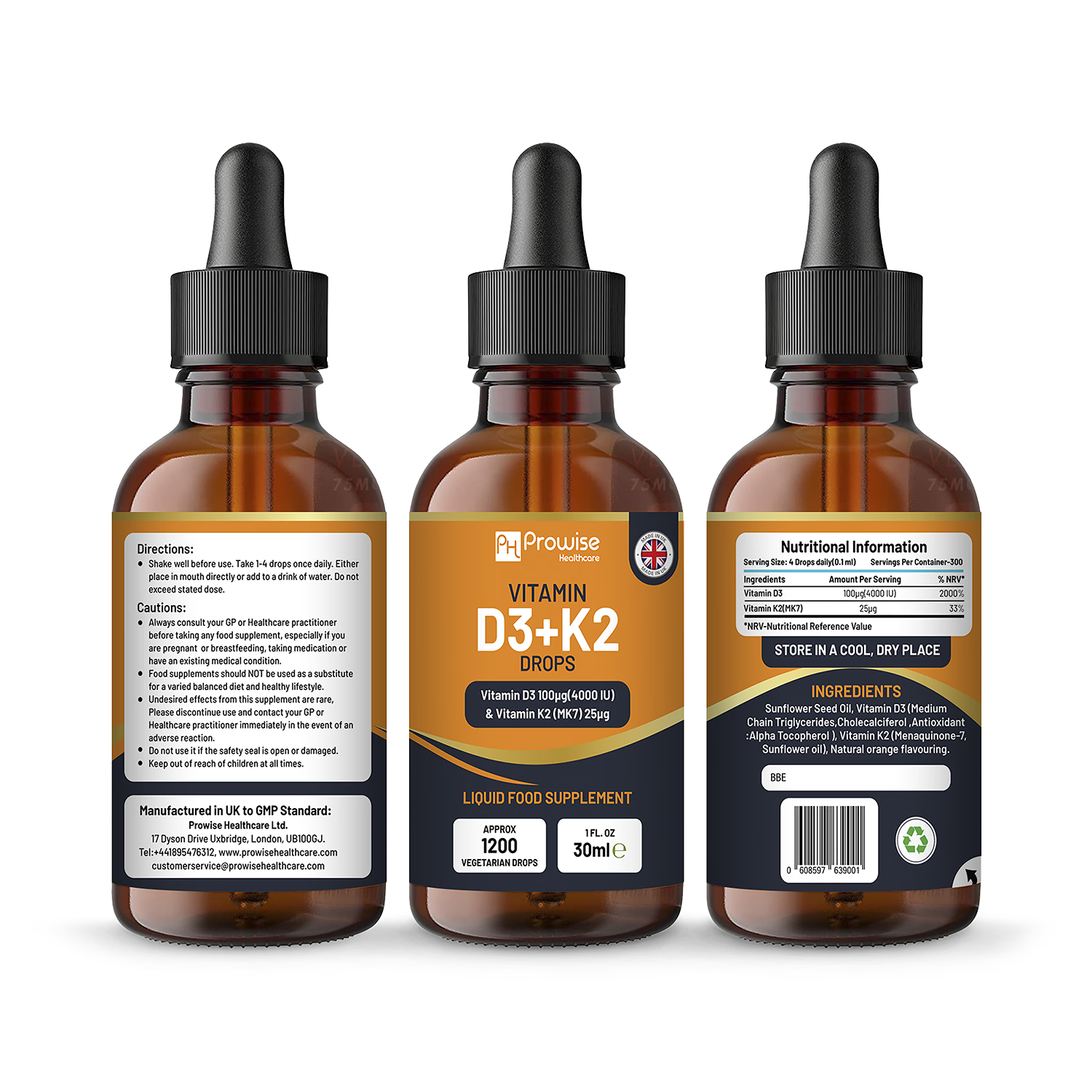 Prowise Healthcare Vitamin D3 K2 drops 4000iu 30ml, UK version
