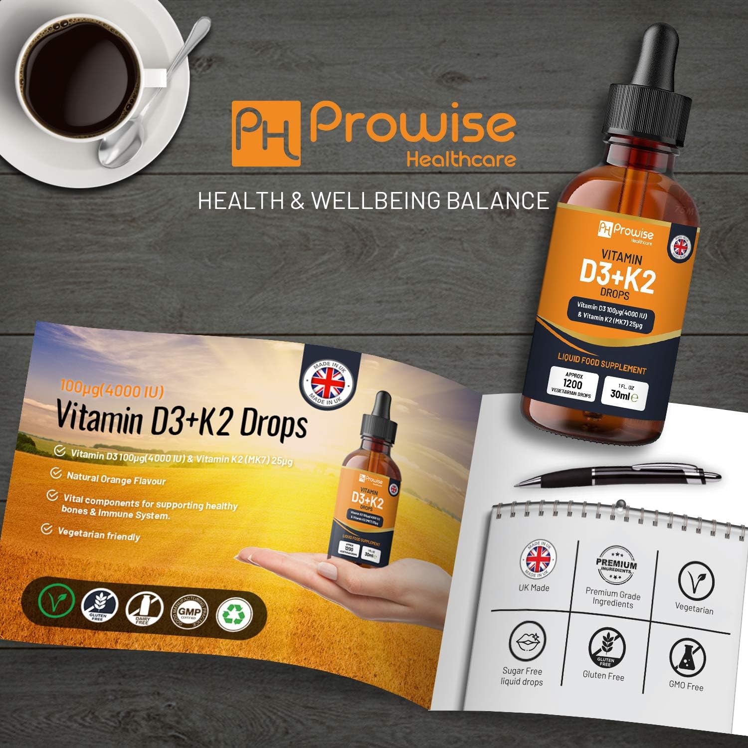 Prowise Healthcare Vitamin D3 K2 drops 4000iu 30ml, UK version