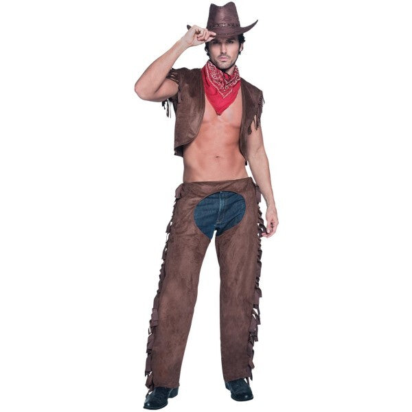 Fever cowboy costume brown with waistcoat chaps scarf - British product
