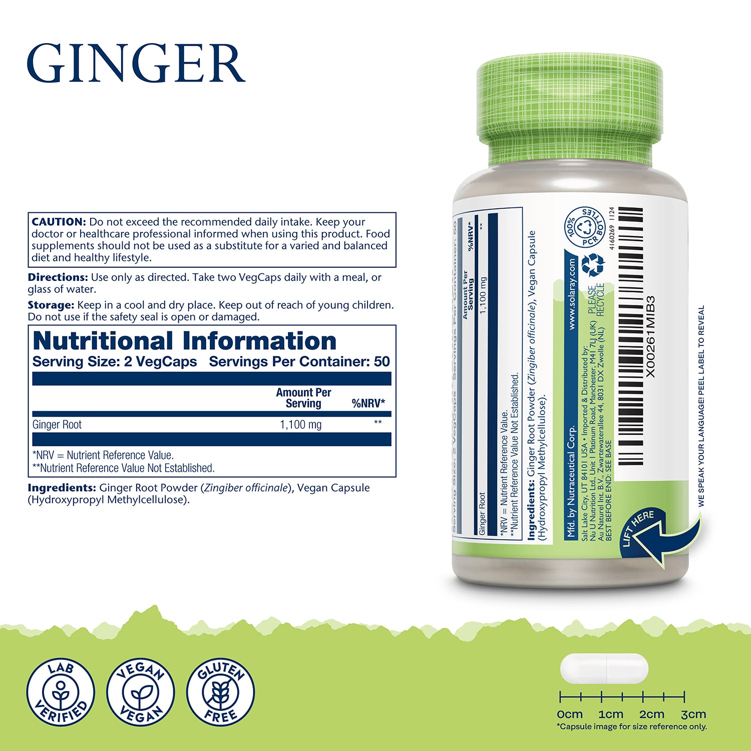 Solaray ginger root 1100mg 100 capsules, imported from the UK