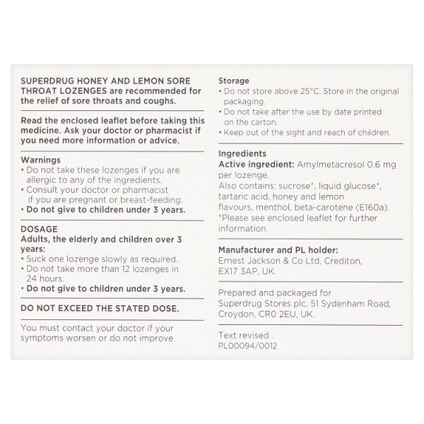 Superdrug Honey & Lemon Sore Throat 24 Lozenges GOODS Superdrug   