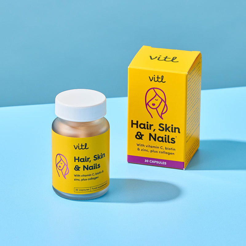 Hair Skin and Nails supplement daily capsules, imported from the UK