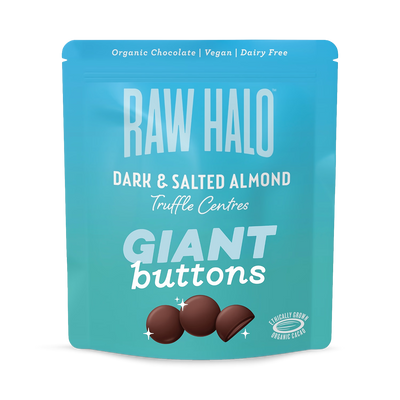 Holland & Barrett Raw Halo Organic Vegan Giant Chocolate Buttons Dark & Salted Almond 90g- Buy online at McGrocer