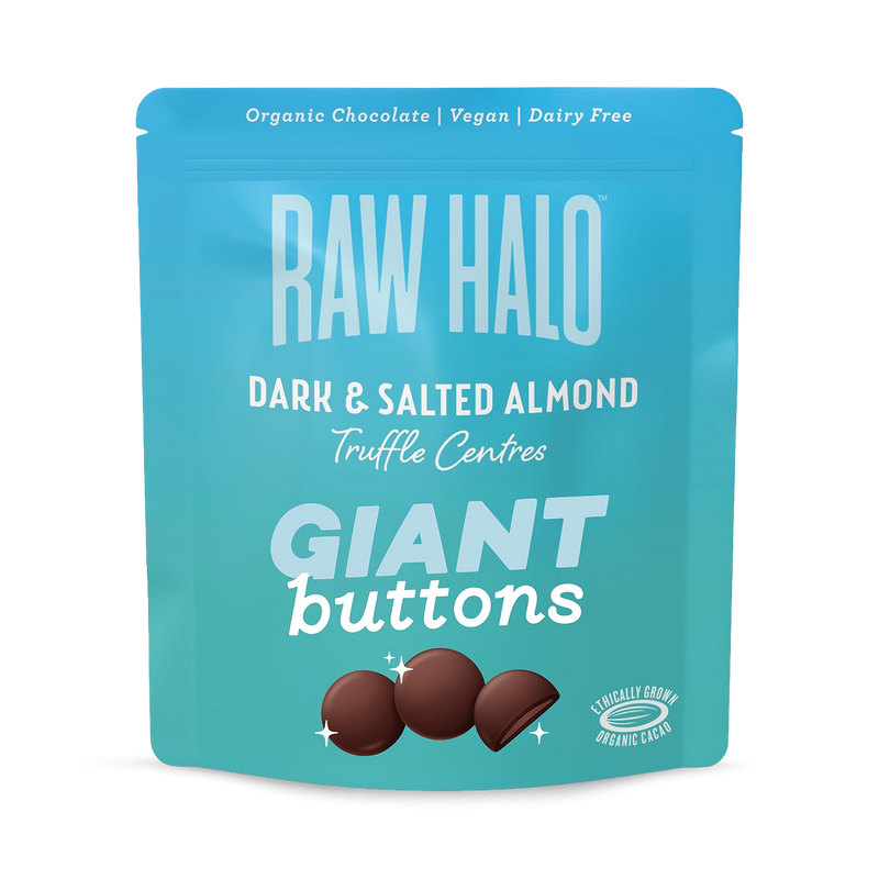 Raw Halo chocolate buttons dark and salted almond 90g - British product