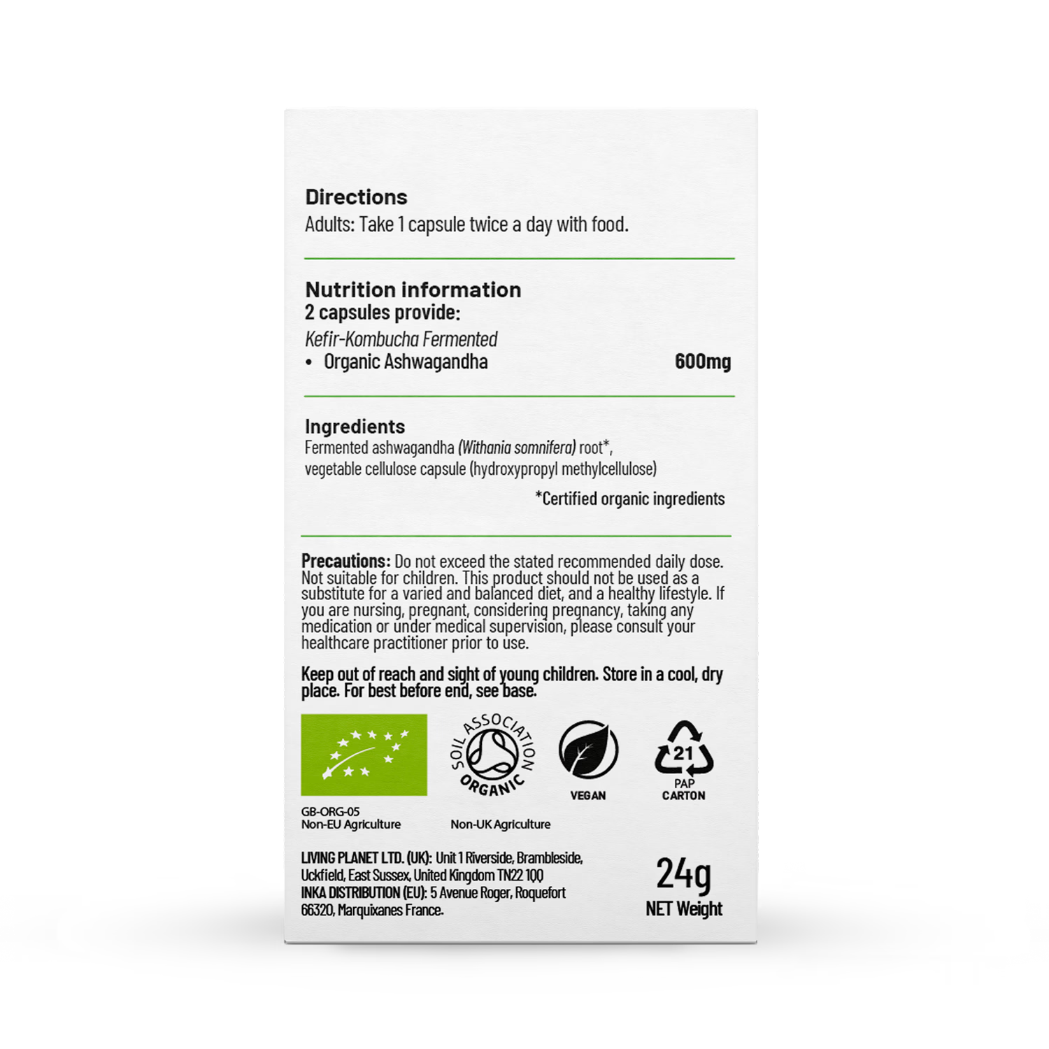 Living Nutrition organic fermented ashwagandha capsules 60, imported from the UK