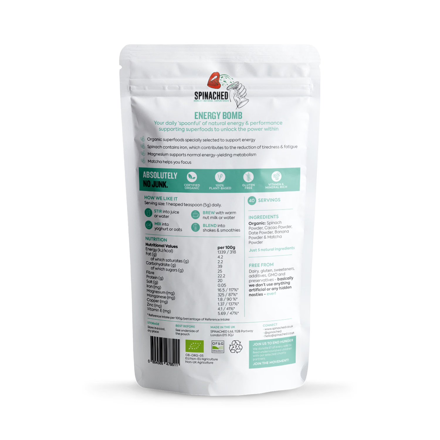 Spinached Energy Bomb superfood powder 200g, UK version