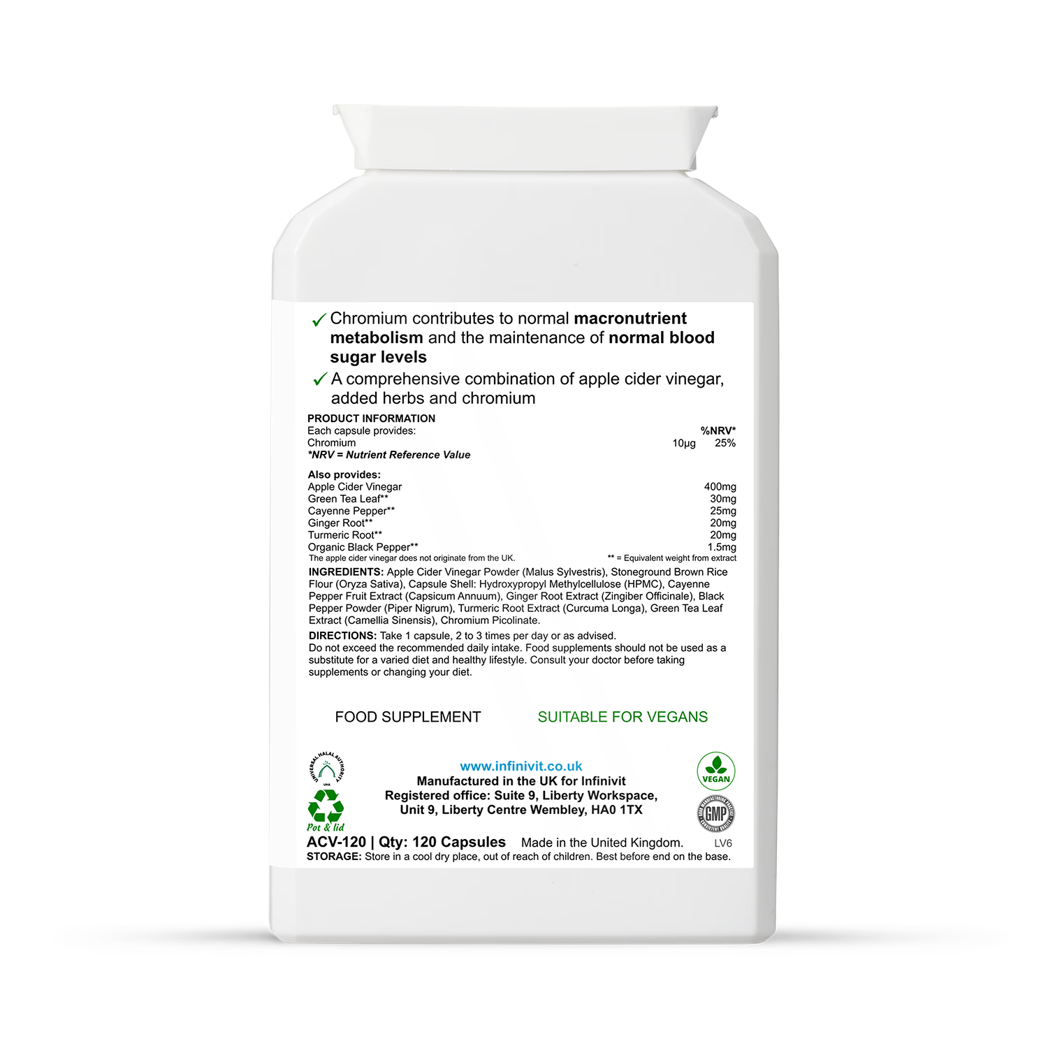 InfiniVit Apple Cider Vinegar Plus 120 capsules, imported from the UK