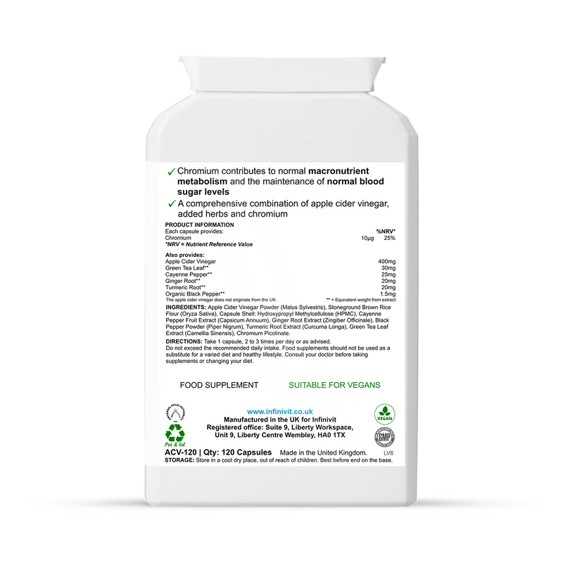 InfiniVit Apple Cider Vinegar Plus 120 capsules, imported from the UK