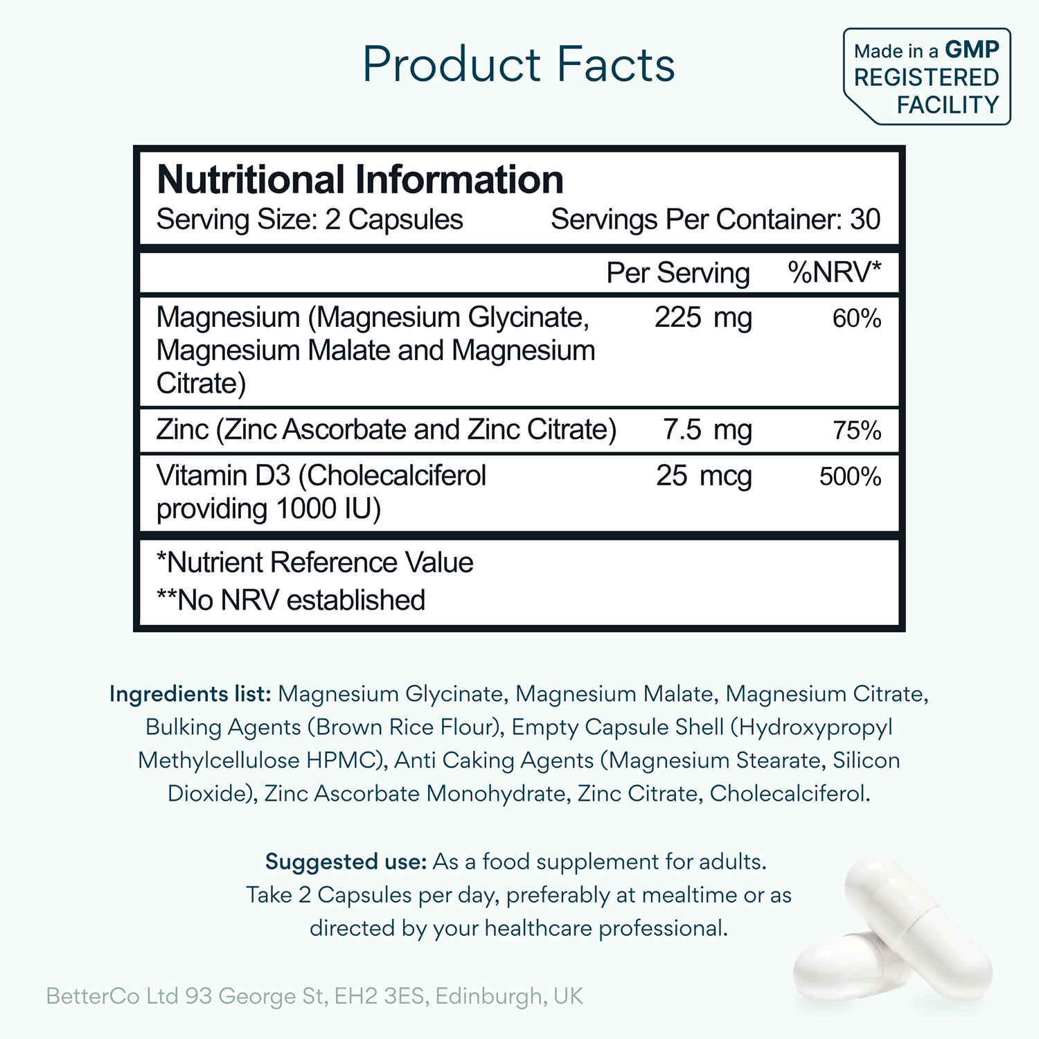 Bettervits magnesium complex with zinc and D3 60 capsules (British brand)