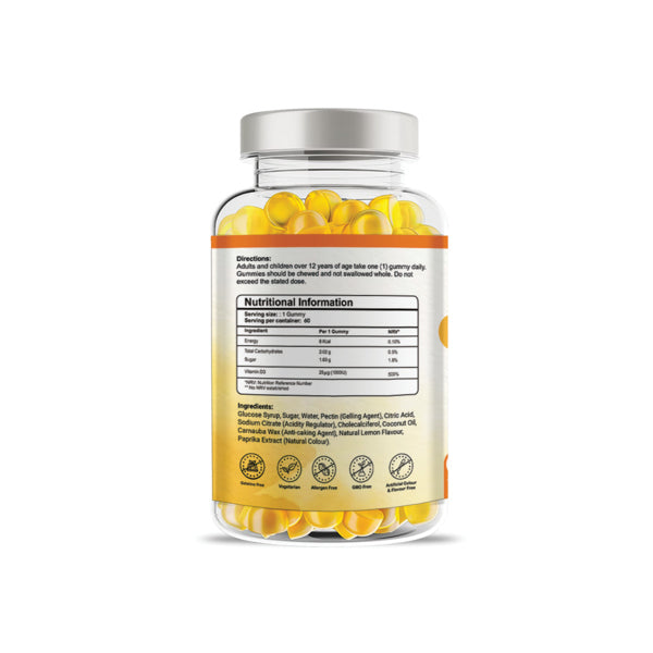 Pharmanostix Vitamin D3 gummies 1000iu 60 count lemon flavour (British brand)
