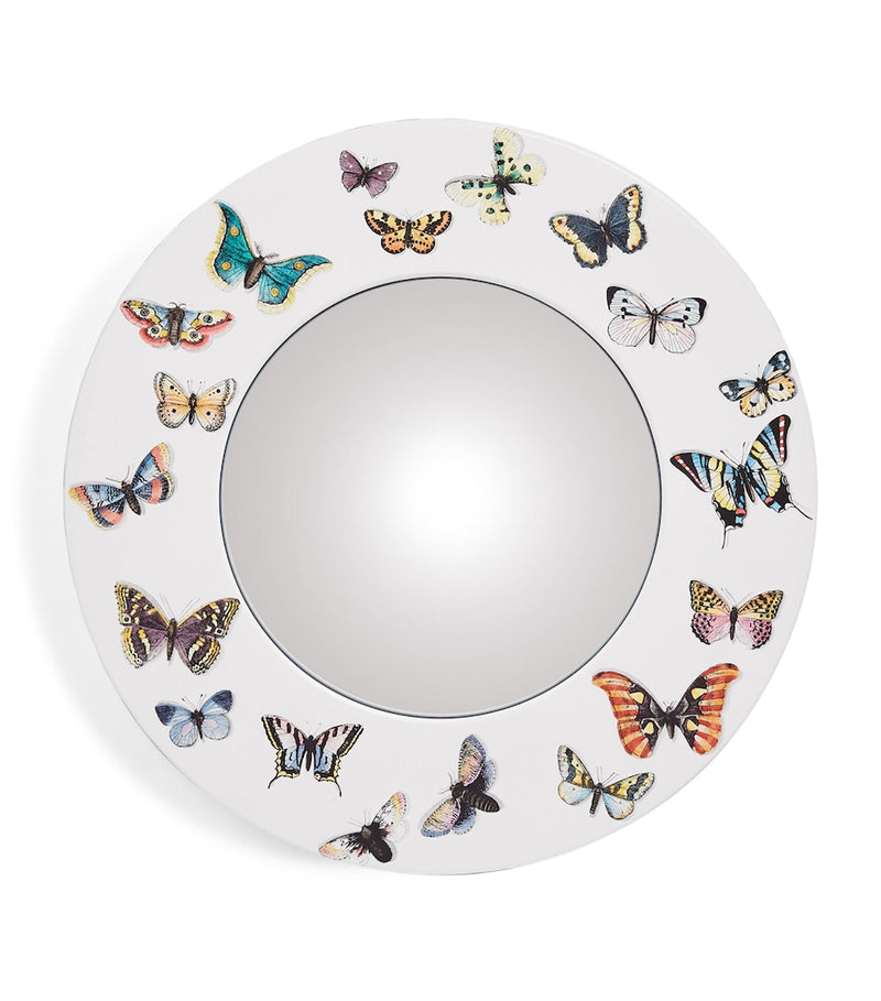 Fornasetti convex wall mirror with butterfly border, 50cm diameter - British product