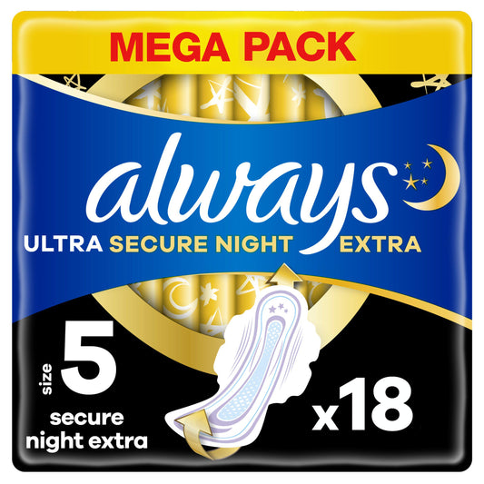 Always Ultra Sanitary Towels Secure Night Extra with Wings, Size 5 x18 feminine care Sainsburys   