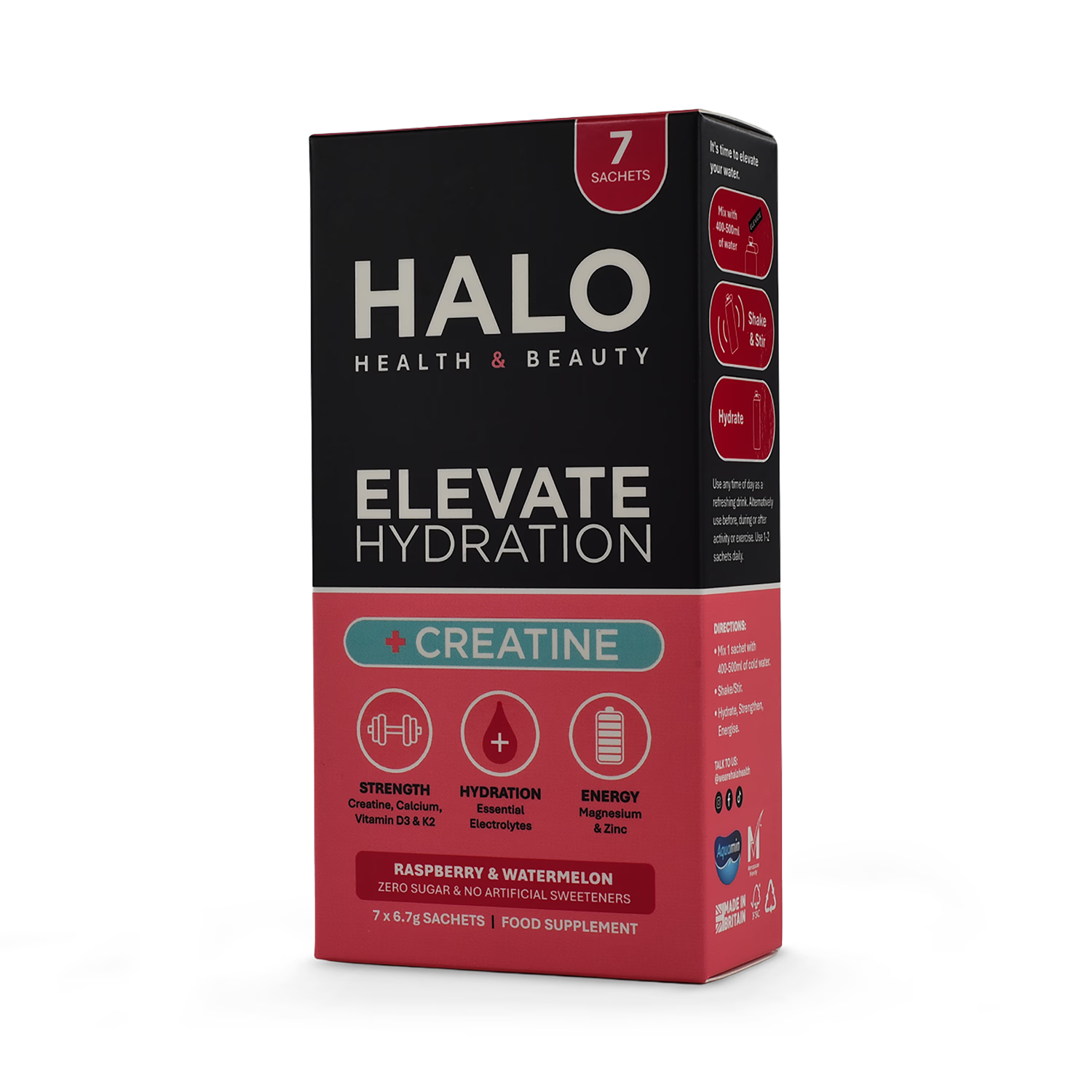 Halo Elevate Hydration Raspberry & Watermelon sachets, imported from the UK