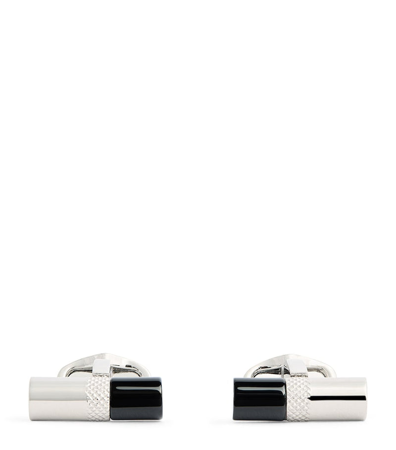 Babette Wasserman rhodium-plated stone bar cufflinks with onyx tips, imported from the UK