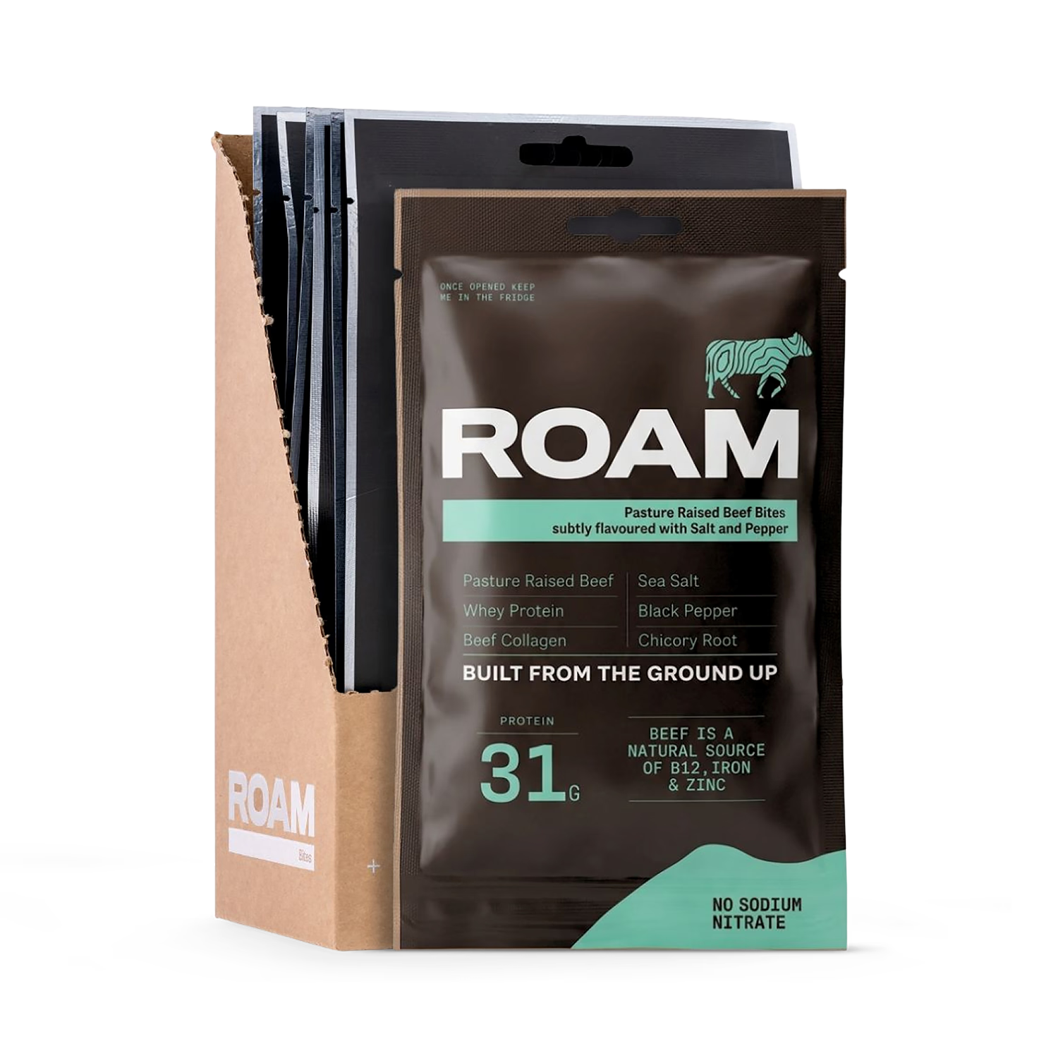 ROAM salt and pepper grass-fed beef bites 70g sharing bag (British brand)