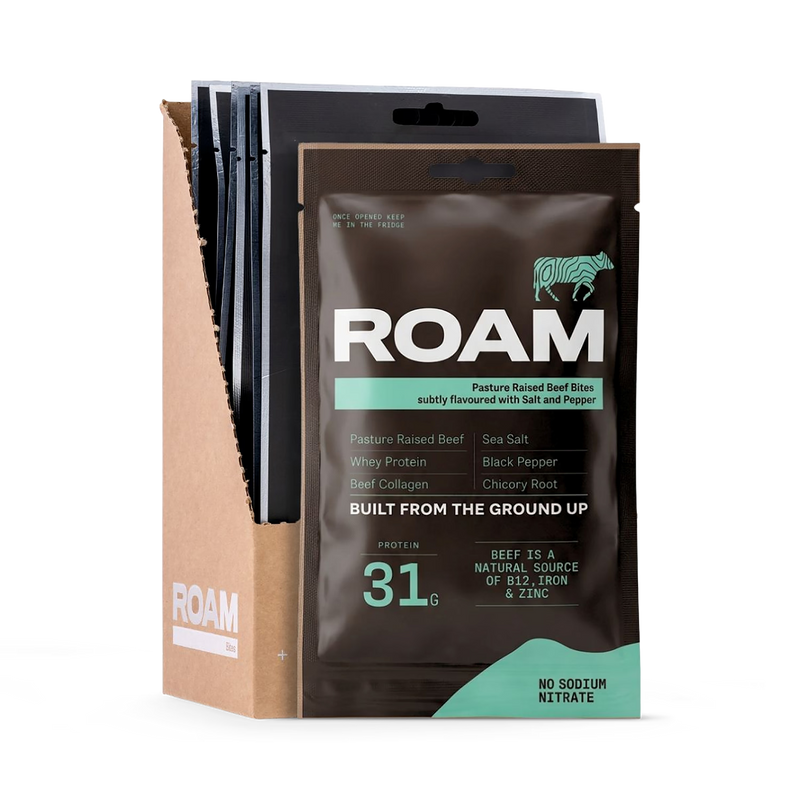 ROAM salt and pepper grass-fed beef bites 70g sharing bag (British brand)