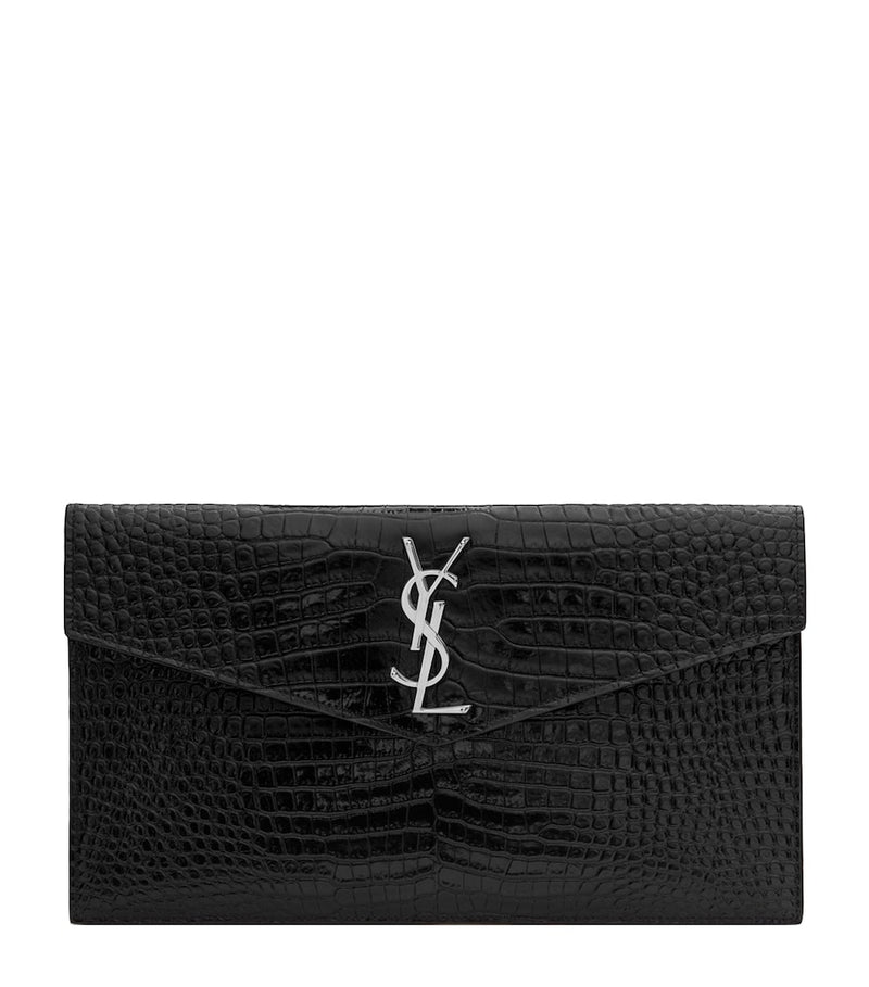 Saint Laurent Uptown croc-embossed leather clutch bag, UK version