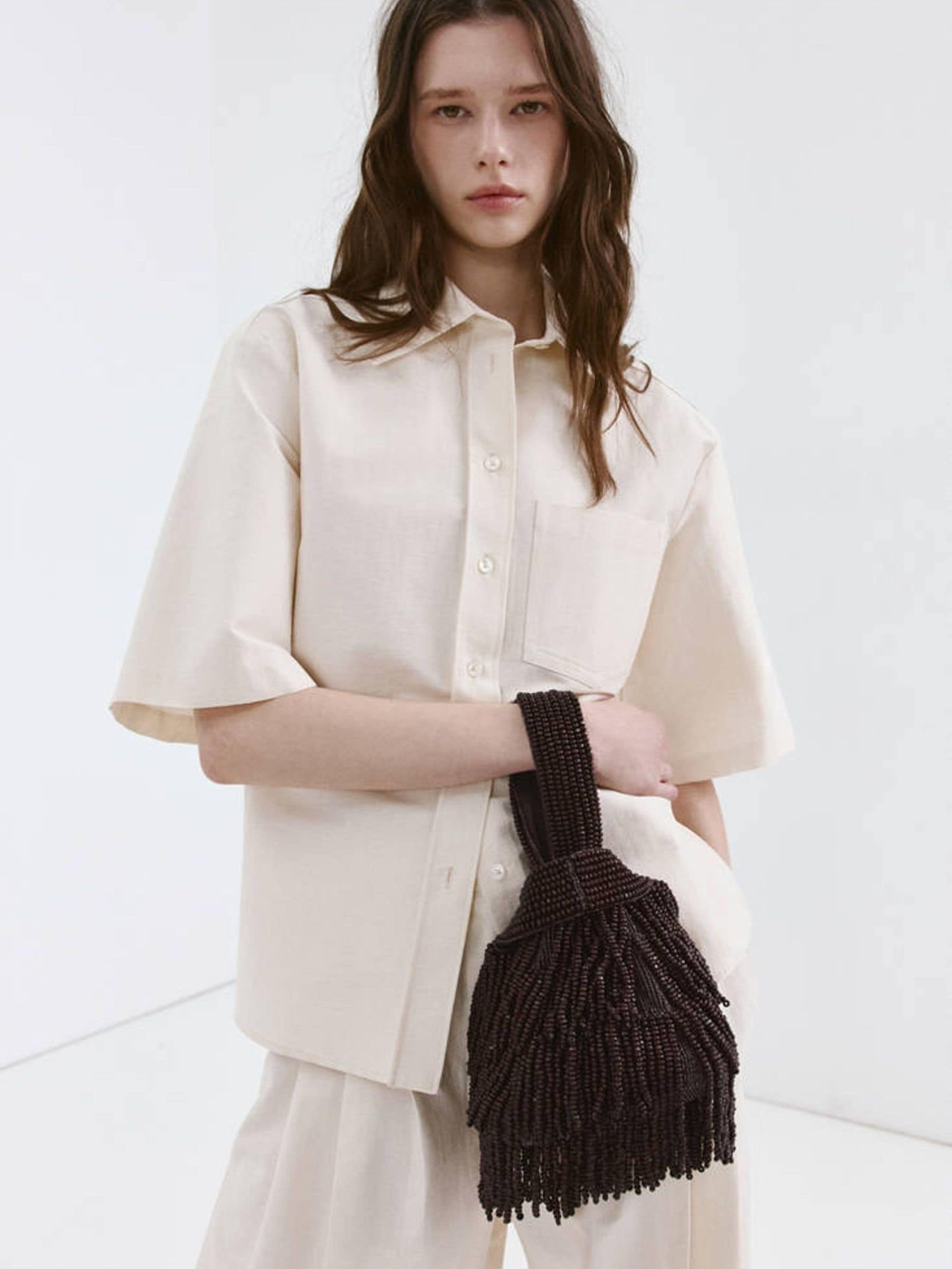 Mango brown fringe handbag, cotton-linen blend - British product