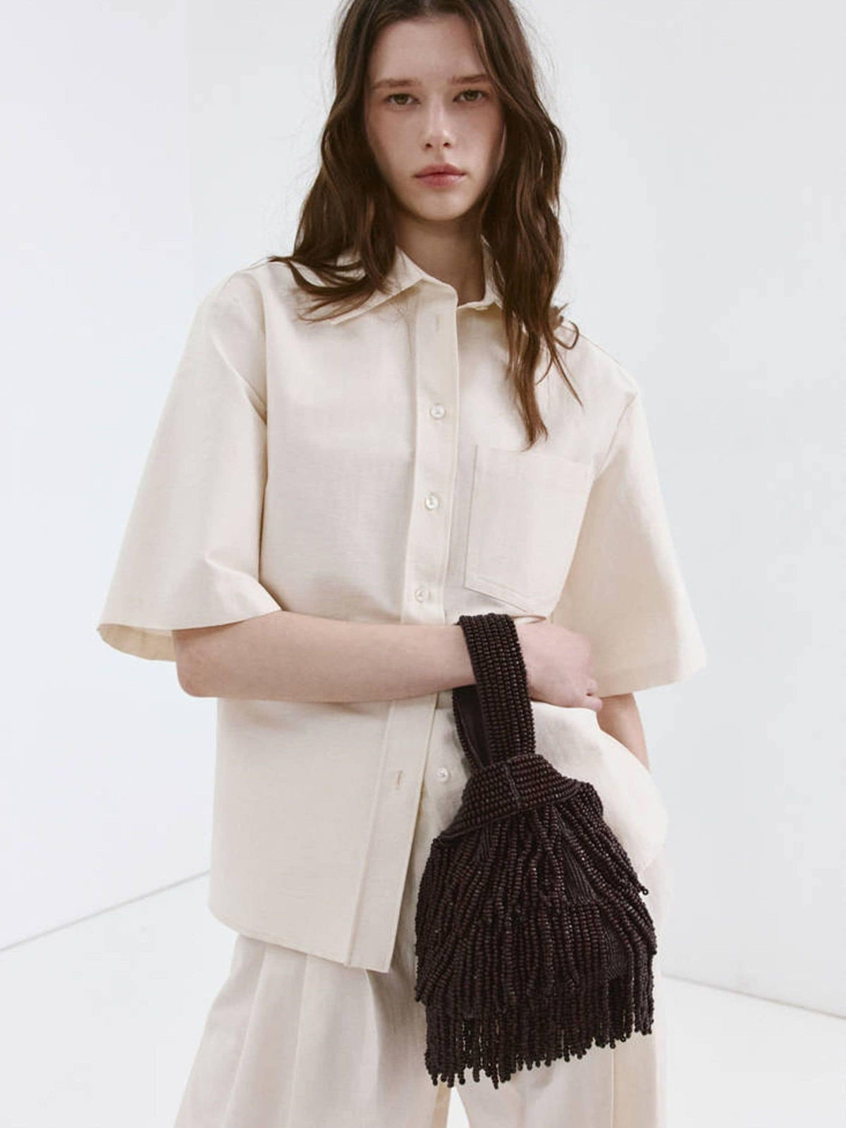 Mango brown fringe handbag, cotton-linen blend - British product